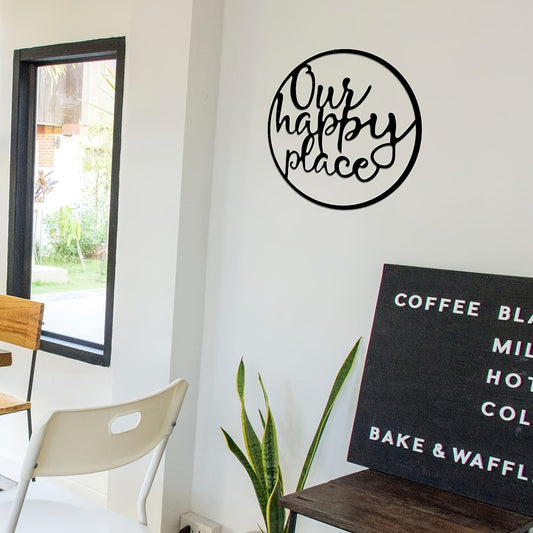 "Our Happy Place" Black Metal Wall Art – Elegant Cursive Quote Sign No Power Required, Perfect Decorative Accent for Home, Bedroom, Office, Coffee Shop, or Bar