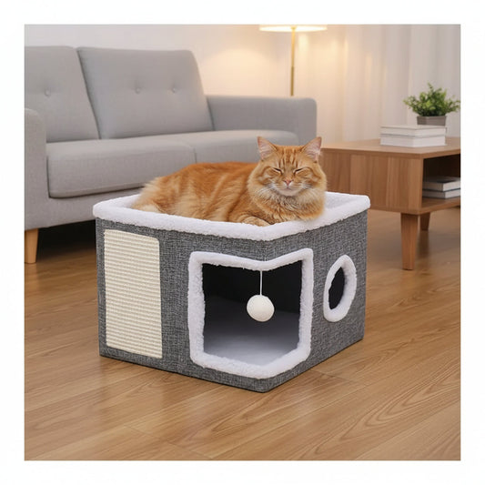 Multi Layer Cat House Cube - Foldable Indoor Cat Bed with Tunnel Scratcher and Cozy Mat for Cats Play and Rest