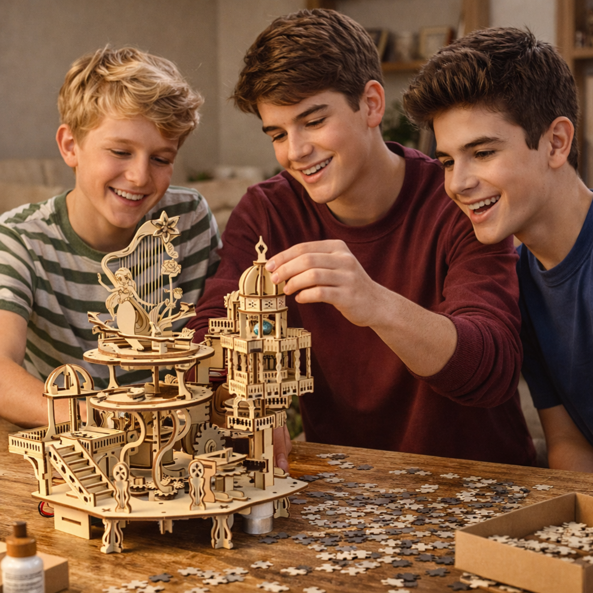 Wooden Puzzle Mystery Island Music Box – DIY 3D Assembly Model Kit with Light for Adults and Kids, Romantic Gift Idea