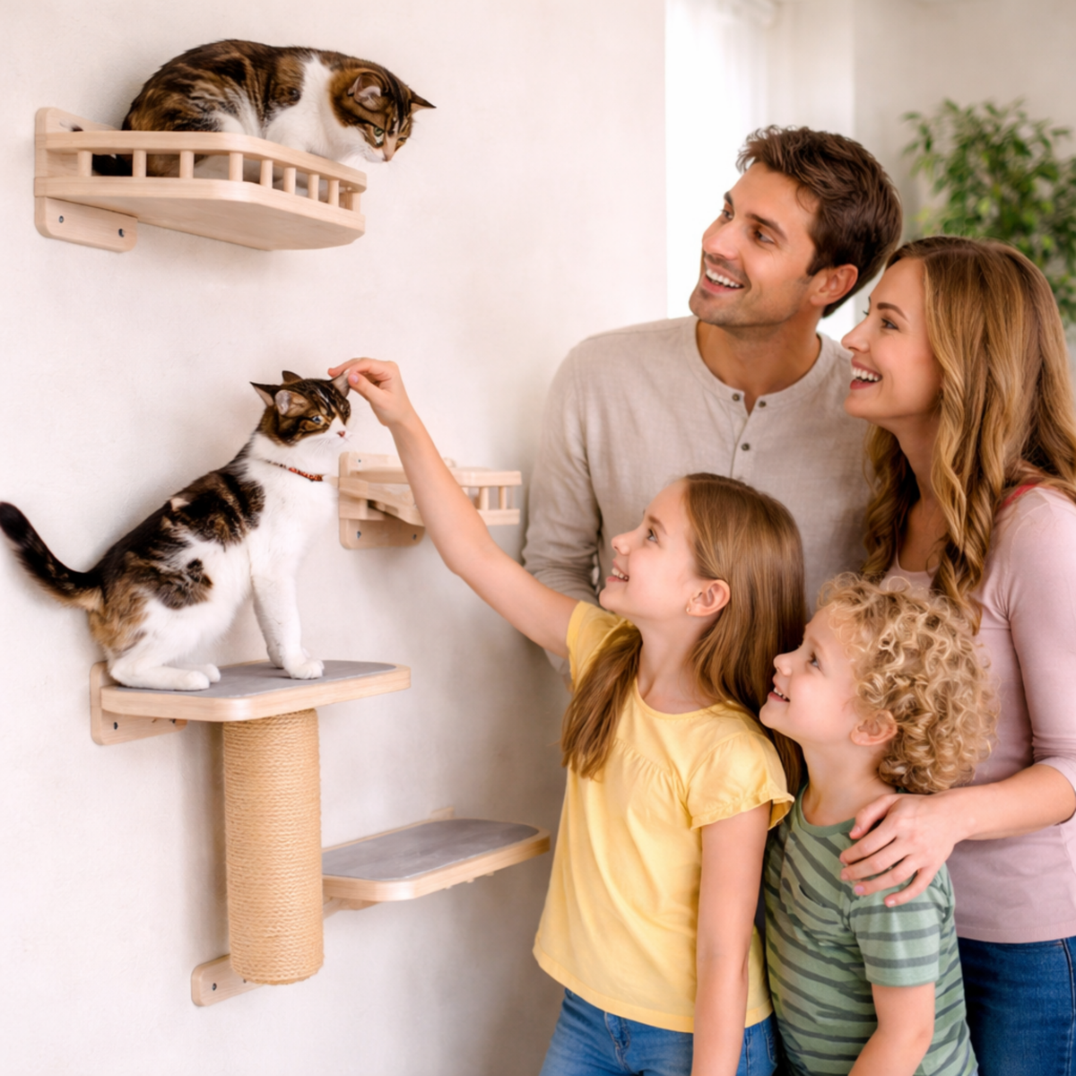 Wall Mounted Cat Climbing Shelf with Sisal Scratching Post – Four Step Stairway Platform Tree Gym Furniture for Active Indoor Cats.