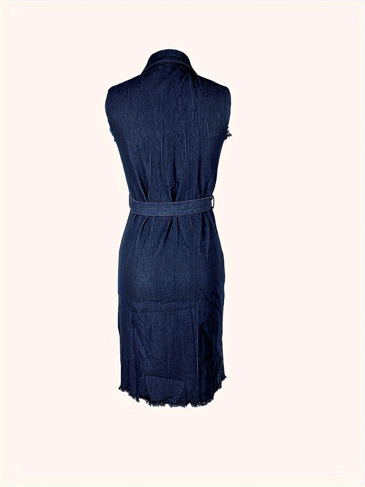 Sleeveless Stretch Denim Dress - Women's Distressed Knee-Length Outfit with Raw Hem, Belt Accent and Easy Machine Wash