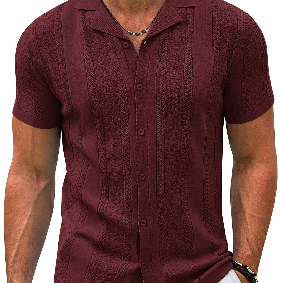 Men’s Vintage Colored Knit Shirt – Short Sleeve Button-Up Summer Top with Breathable Viscose Blend