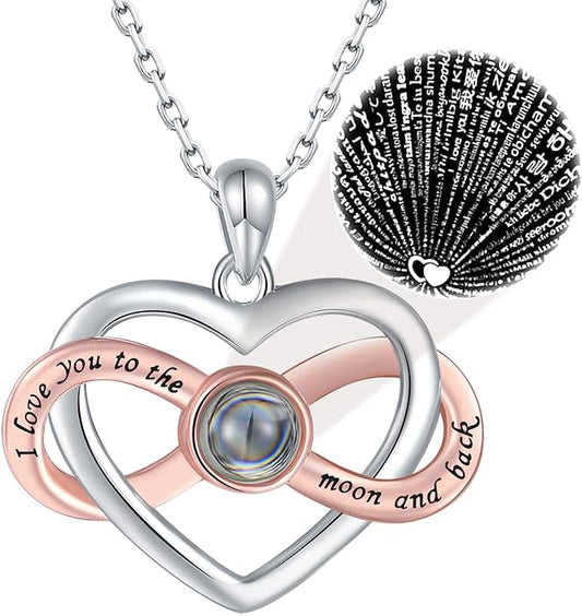 925 Silver 'I Love You' Projection Necklace – Infinity Heart Pendant with 100 Languages, Perfect Valentine's Gift for Her