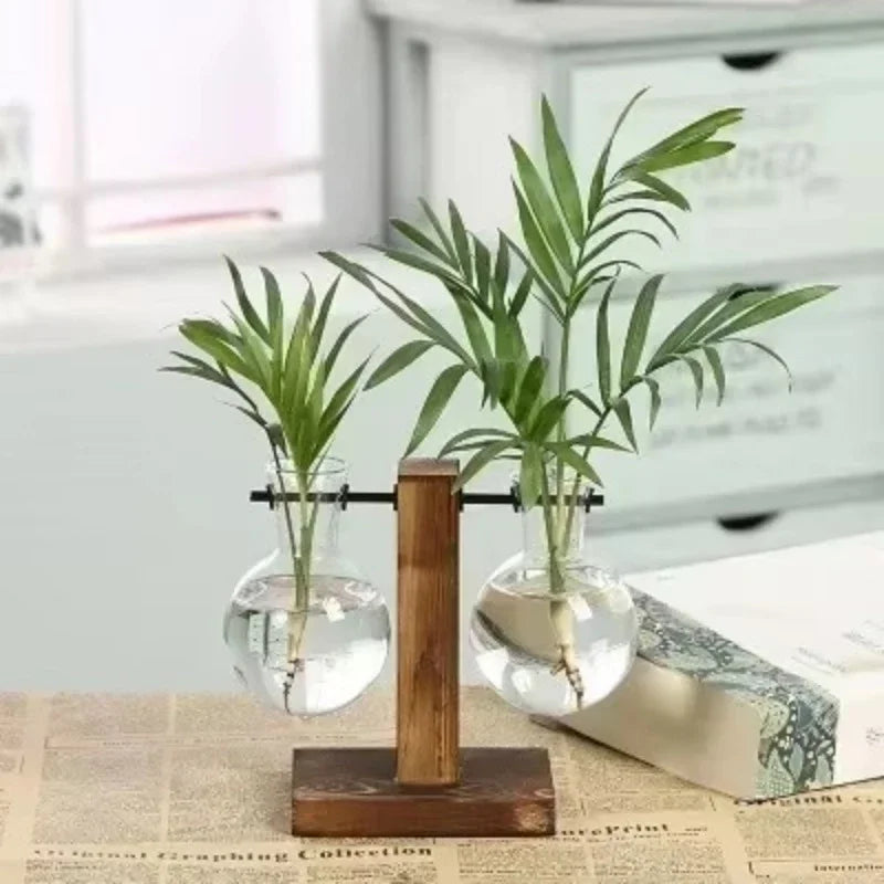 Light Bulb Vase with Wood Stand - Hydroponic Propagation Glass Station for Desktop Home or Office Botanical Decor