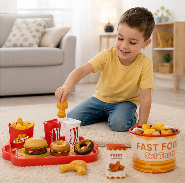 Kids Kitchen Play Food Set - Pretend Cooking Toy with Burgers, Pizza and Interactive Montessori Learning Fun