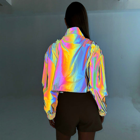 Women’s Reflective Techwear Cropped Jacket – Rainbow Light Reflective Punk Hip Hop Cloak for Streetwear Fashion and Night Cycling Style