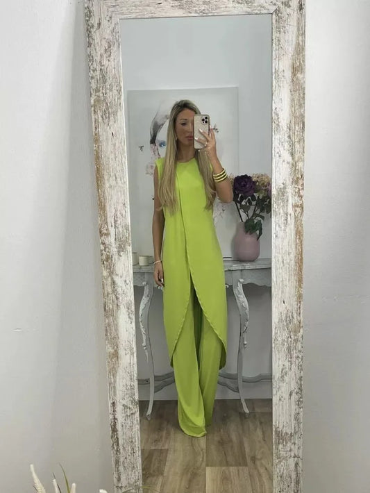 Women’s Casual Two-Piece Outfit – Sleeveless Round Neck Long Top with Loose Pants Elegant Chic Fashion Set 2025