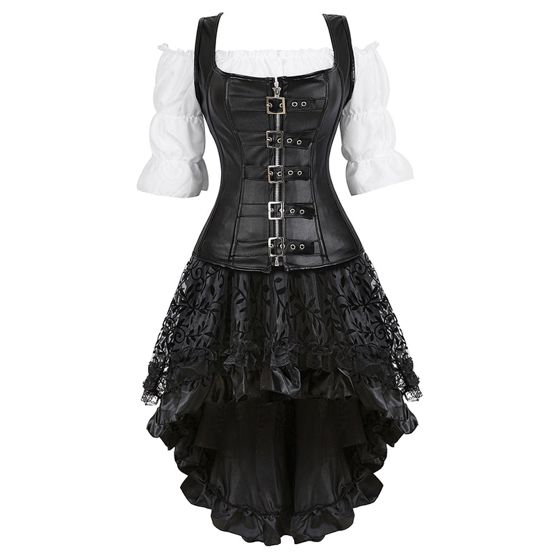 Steampunk Pirate Corset Dress - Plus Size Faux Leather Halloween Costume for Women with Off Shoulder Cosplay Blouse Design