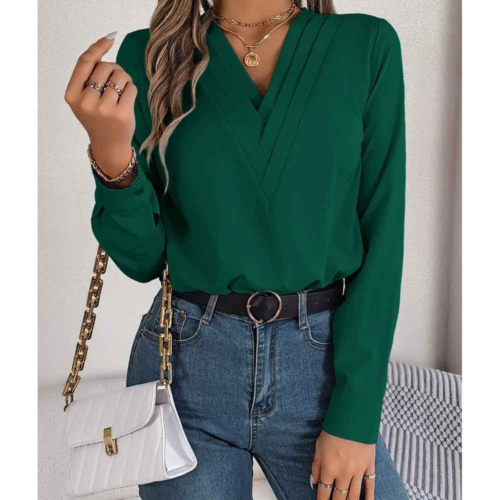 Layered V-Neck Long Sleeve Blouse – Slim Fit White Pullover for Office Chic, Autumn/Winter Fashion