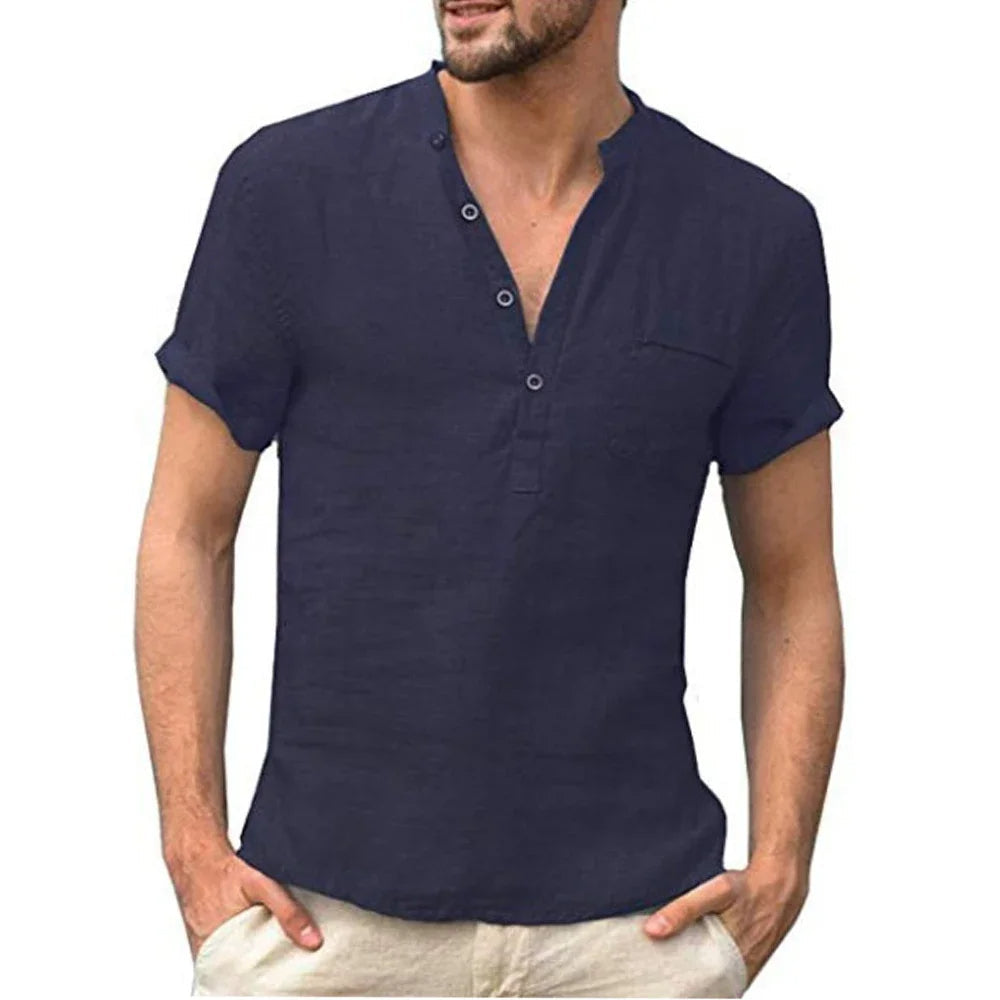 Casual Men's Linen Shirt – Short Sleeve 3-Button V-Neck Top with Pocket for Everyday Summer Style