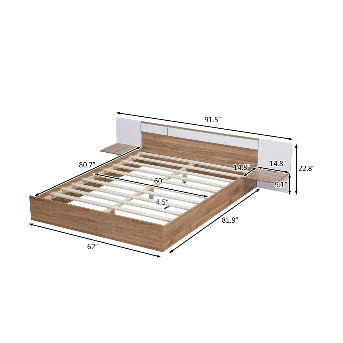 Queen-Size Platform Bed with Headboard Shelves, USB Ports, and Sockets