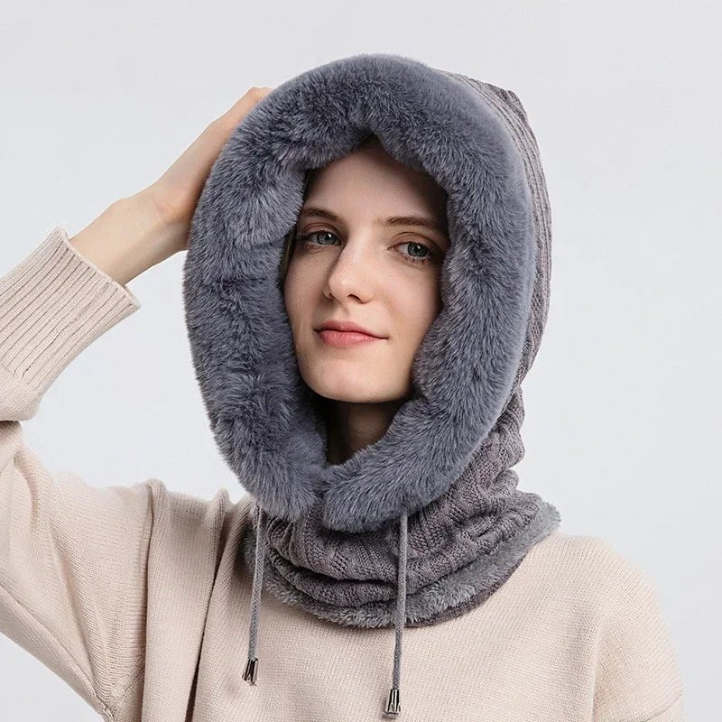 Winter Knitted Fur Cap Mask Set – 3-in-1 Women’s Fleece-Lined Ski Hat, Scarf, and Balaclava for Ultimate Warmth in Outdoor Adventures