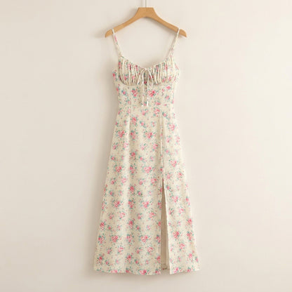 Floral Midi Sundress with Tie Front and Slit – Women's Spaghetti Strap Summer Beach Dress