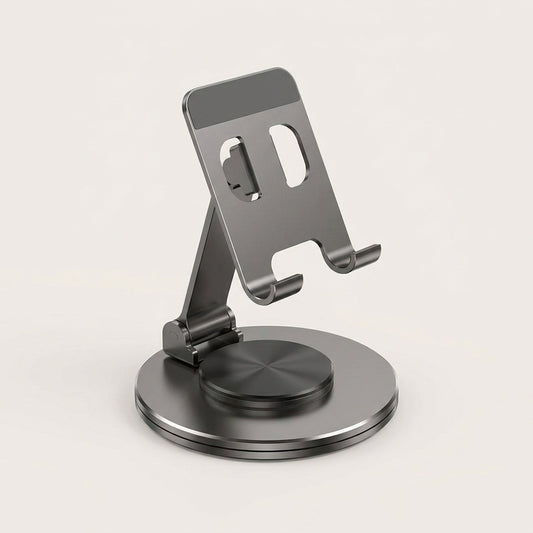 360° Swivel Phone Stand — Folding Metal Desk Holder with Rotating Base, Adjustable Height and Tilt