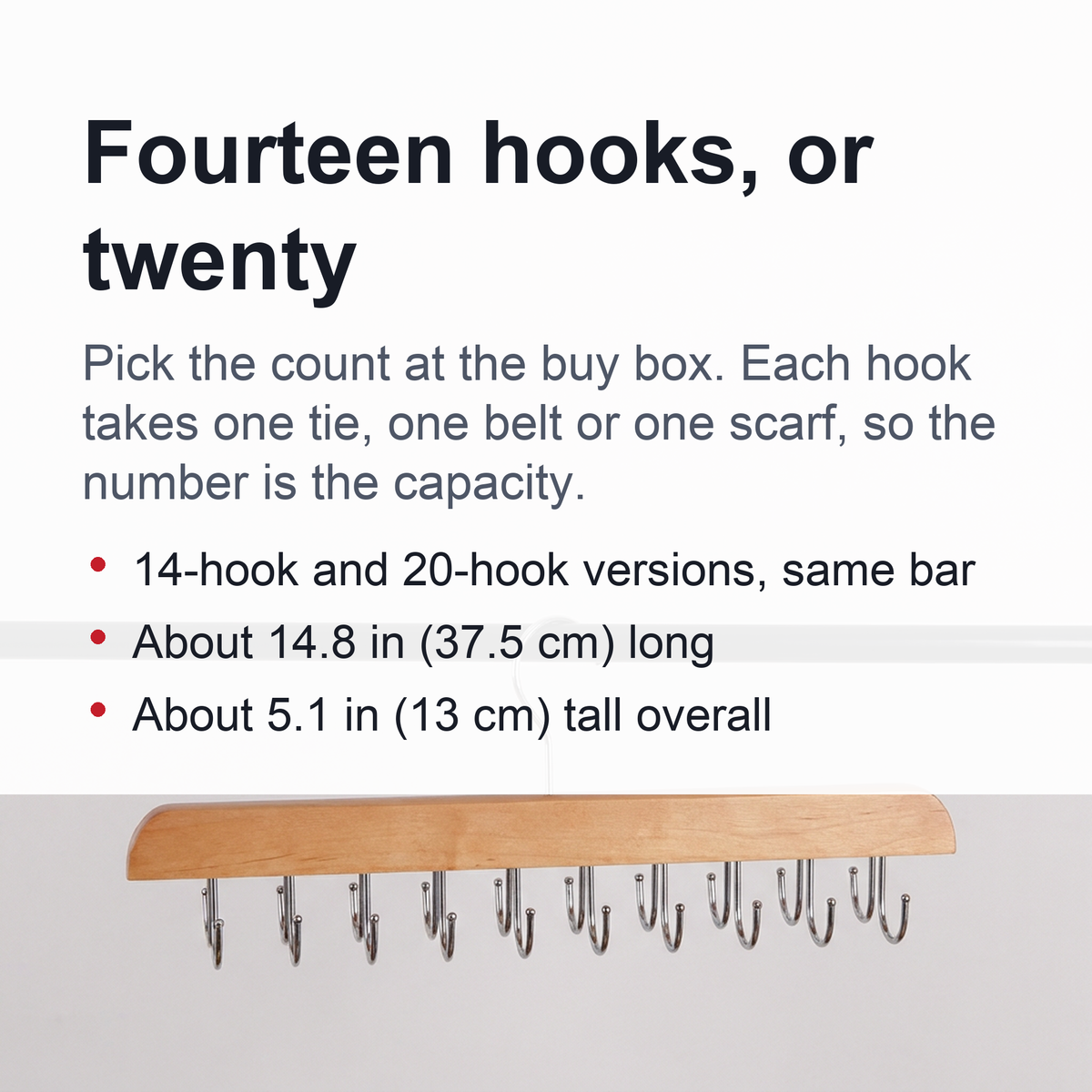 Wooden Tie and Belt Hanger - Closet Bar with 14 or 20 Hooks for Ties, Belts and Scarves