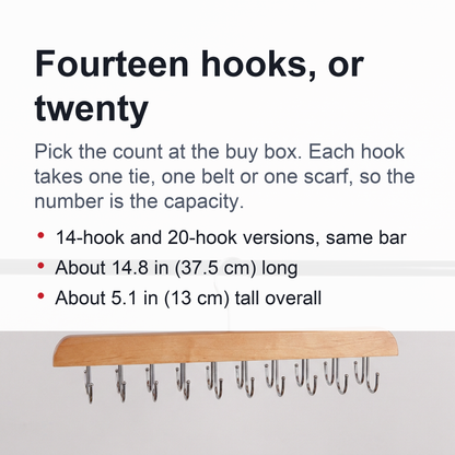 Wooden Tie and Belt Hanger - Closet Bar with 14 or 20 Hooks for Ties, Belts and Scarves
