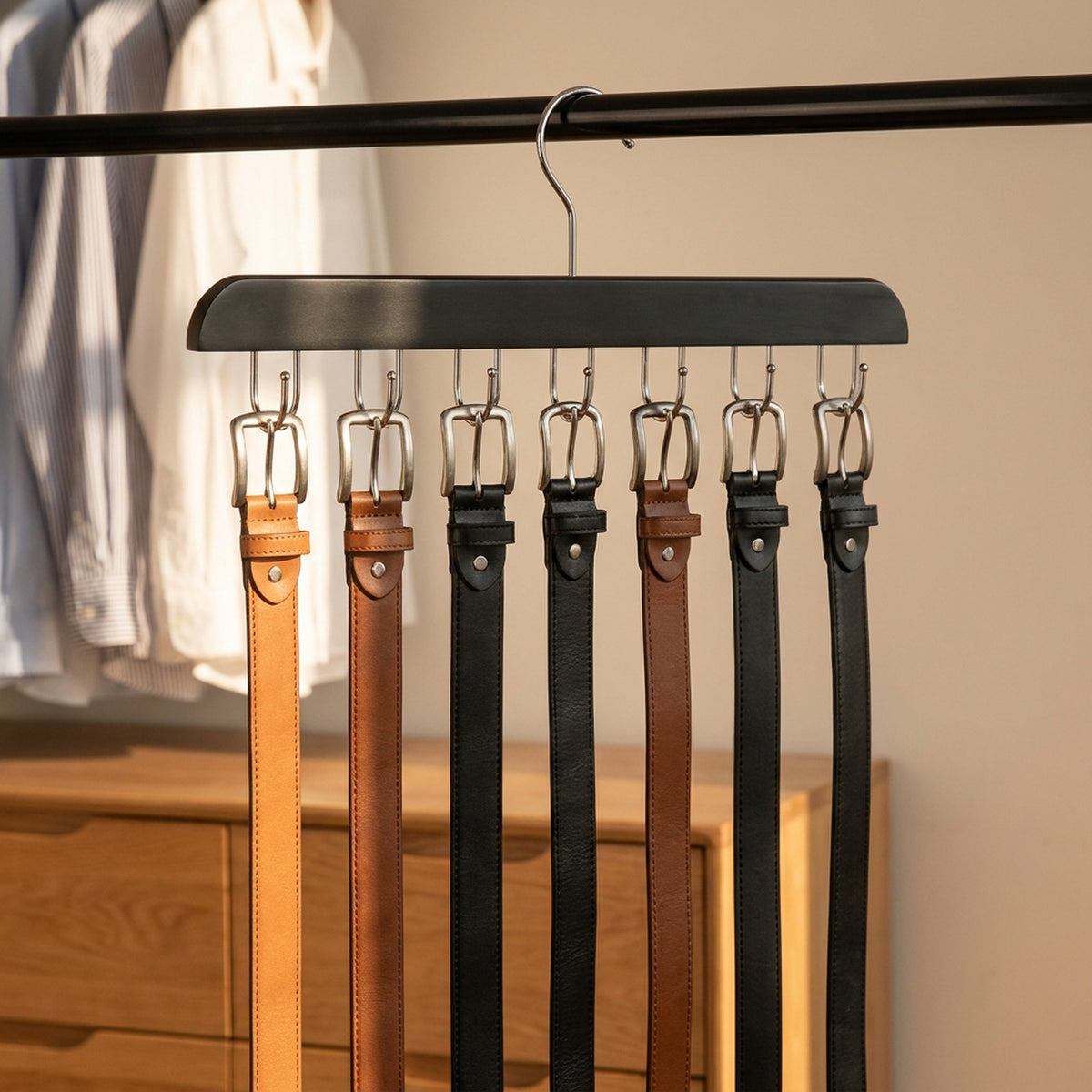 Wooden Tie and Belt Hanger - Closet Bar with 14 or 20 Hooks for Ties, Belts and Scarves