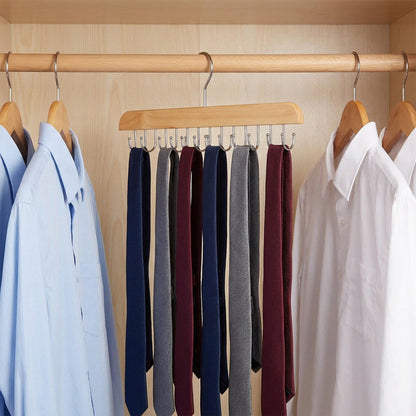 Wooden Tie and Belt Hanger - Closet Bar with 14 or 20 Hooks for Ties, Belts and Scarves