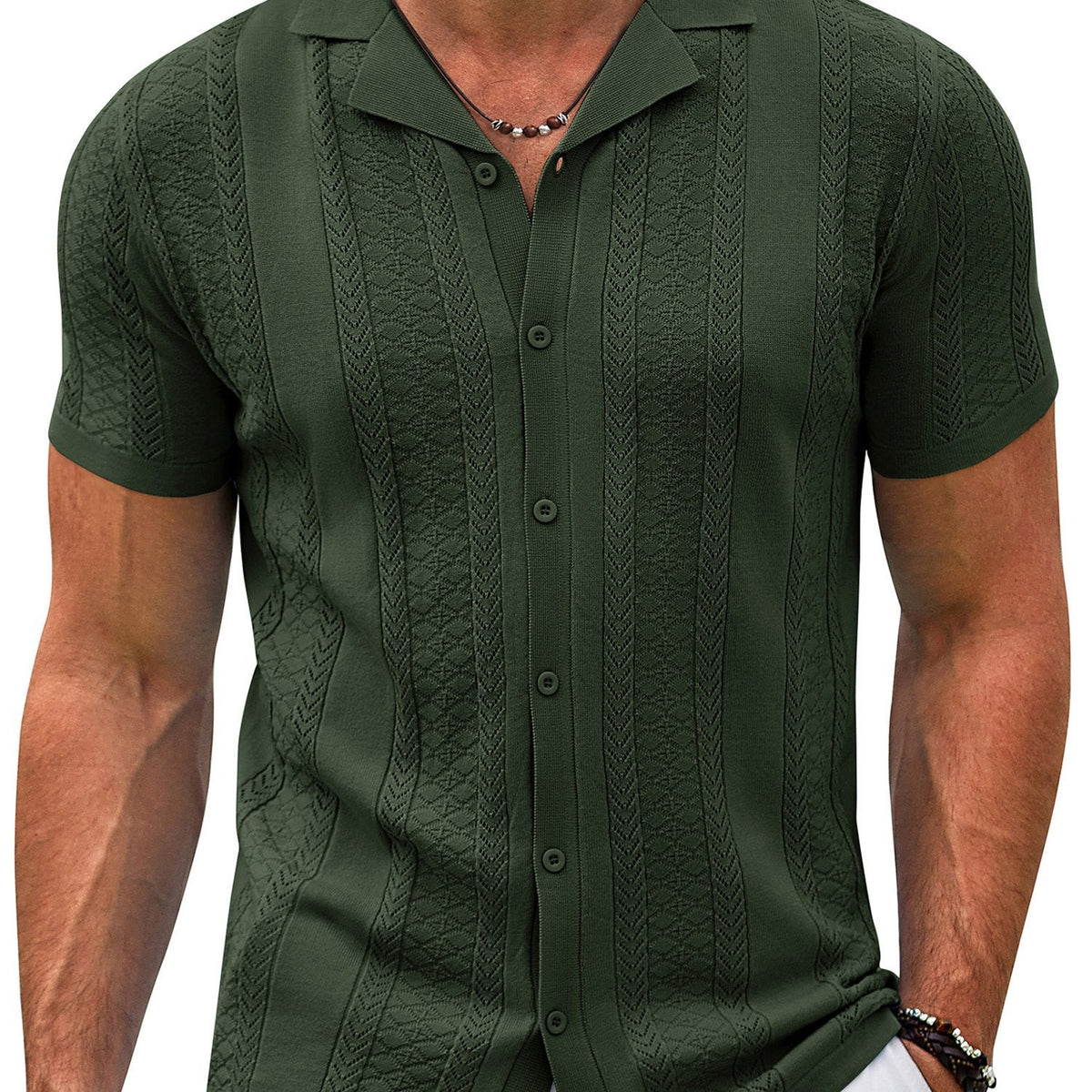 Men’s Vintage Colored Knit Shirt – Short Sleeve Button-Up Summer Top with Breathable Viscose Blend