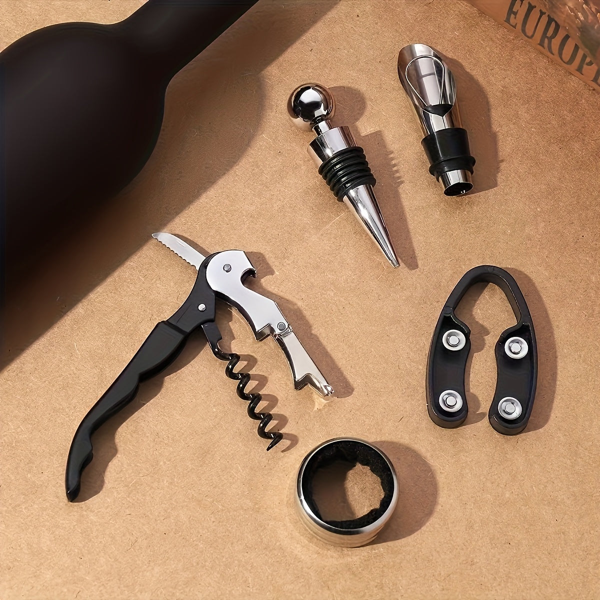 Five Pieces Professional Wine Opener Tool Set – Complete Wine Accessories Kit with Bottle Opener, Foil Cutter, Drip Ring and Cork Gift Set