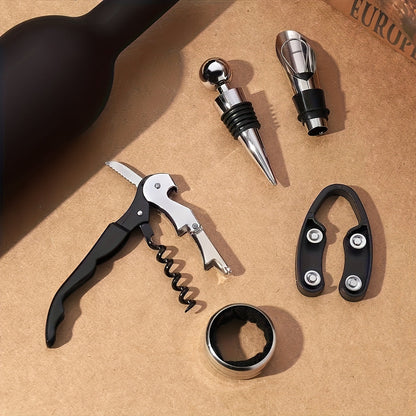 Five Pieces Professional Wine Opener Tool Set – Complete Wine Accessories Kit with Bottle Opener, Foil Cutter, Drip Ring and Cork Gift Set