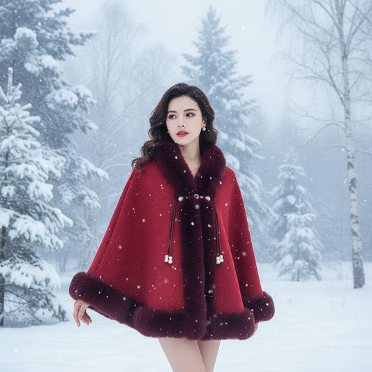 Women’s Faux Fur Cape Shawl – Chinese Style Qipao Poncho Coat with Thick Plush Design, Elegant Autumn Winter Outerwear for Sophisticated Cold Weather Fashion