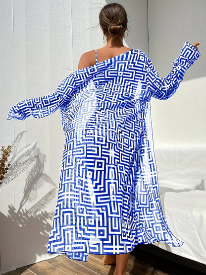 Blue Geometric Bikini Set – Three-Piece Women’s Swimwear with Shawl and Hollow-Out Fashion Design