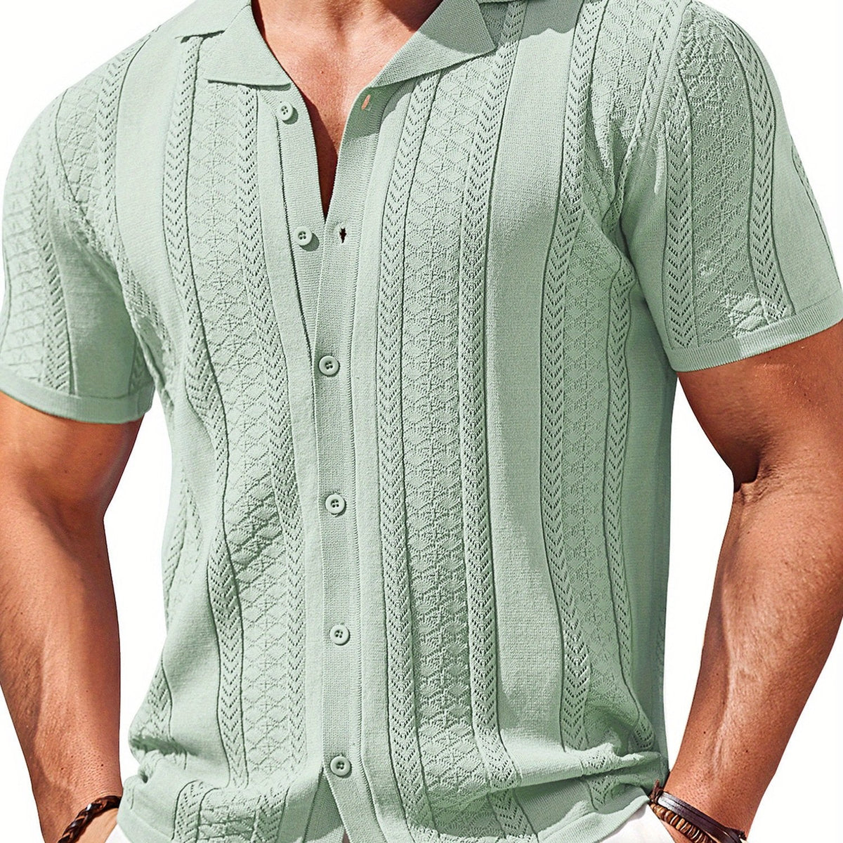 Men’s Vintage Colored Knit Shirt – Short Sleeve Button-Up Summer Top with Breathable Viscose Blend