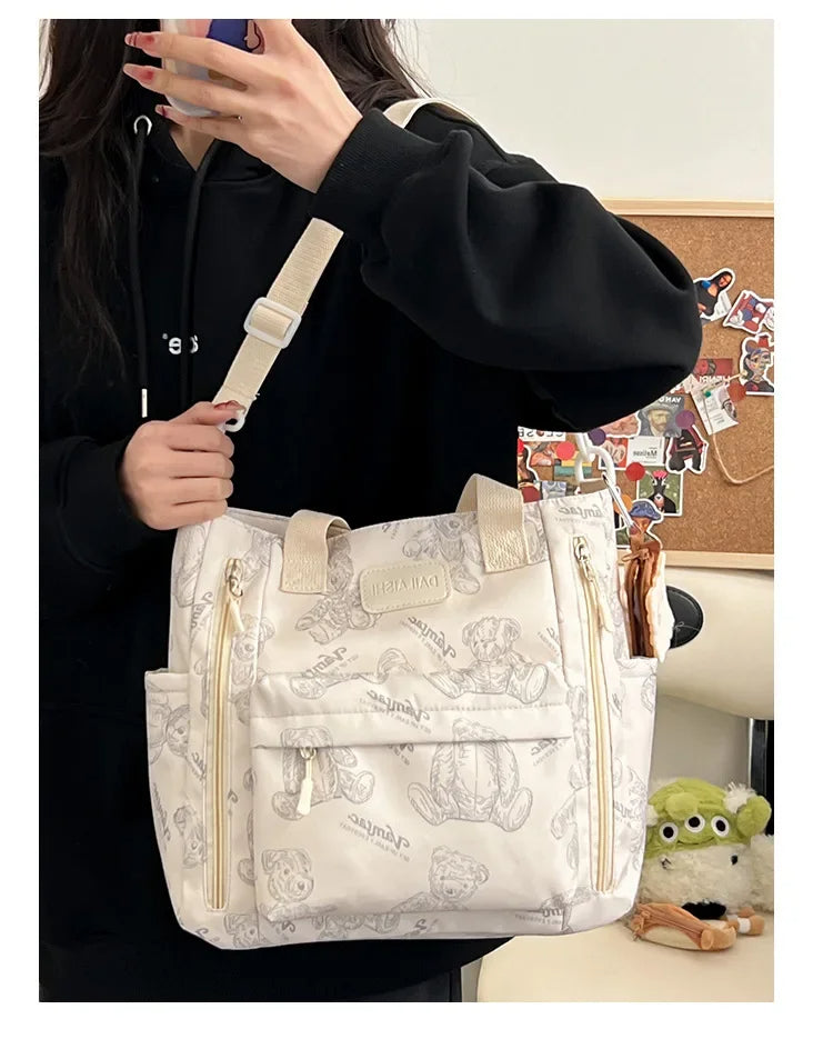 Bear Print Multi-Compartment Backpack Purse – Stylish & Spacious Nurse, Teacher & Laptop Bag