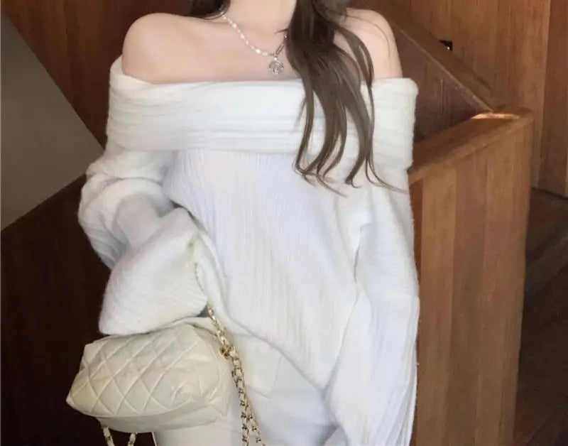Off-Shoulder Knitted Sweater – Elegant Loose Pullover for Autumn/Winter Chic & Cozy Fashion