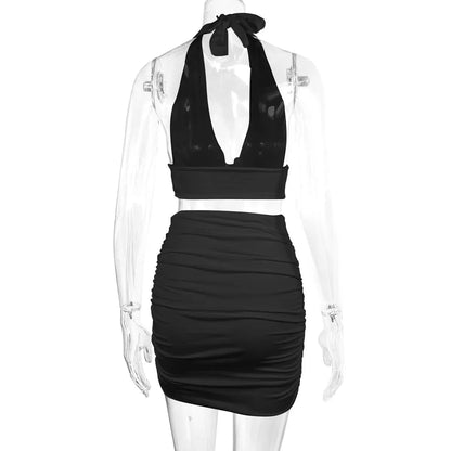 Sexy Ruffle Mini Dress Set – Deep V Crop Top & Bodycon Skirt for Party Glam