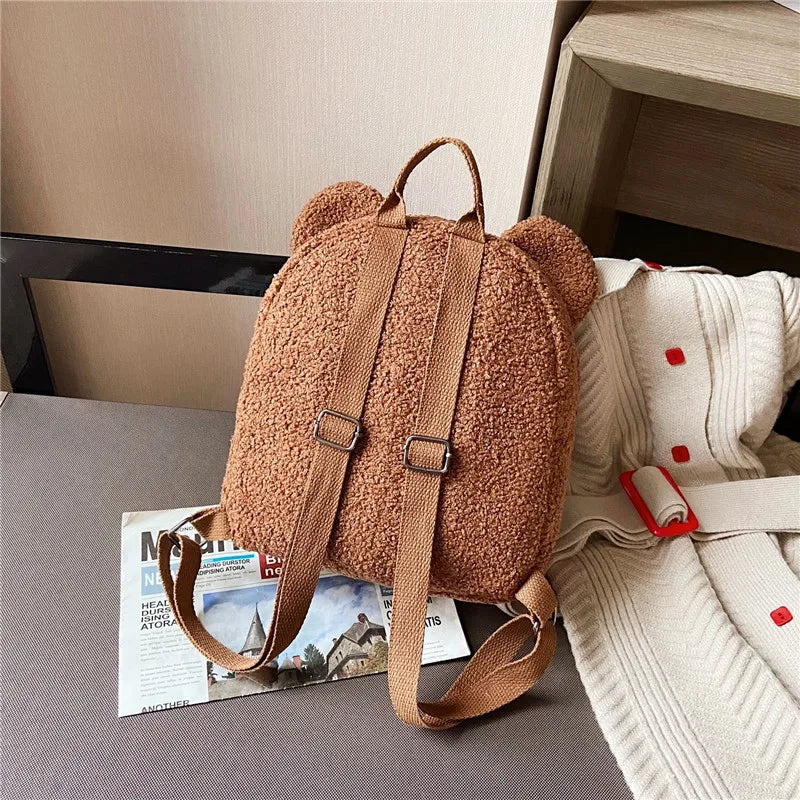 Cute Bear Ear Fleece Kids Backpack – Warm Lambswool Small Daypack for Girls, Travel, School, Shopping & Cozy Outings