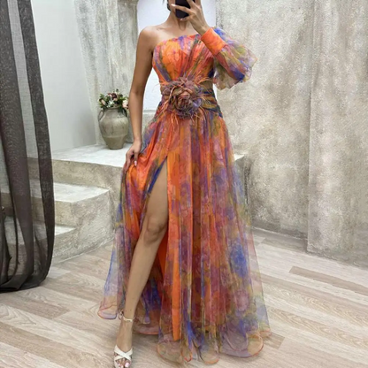 Mesh Tie Dye One-Shoulder Ball Gown with Slit – Floral Mesh Bubble Sleeve Split Evening Dress for Glamorous Events
