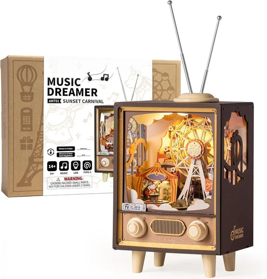Wooden Music Box Puzzle -3D Sunset Carnival Model Kit with Lights, Creative DIY Gift for Kids and Home Decoration