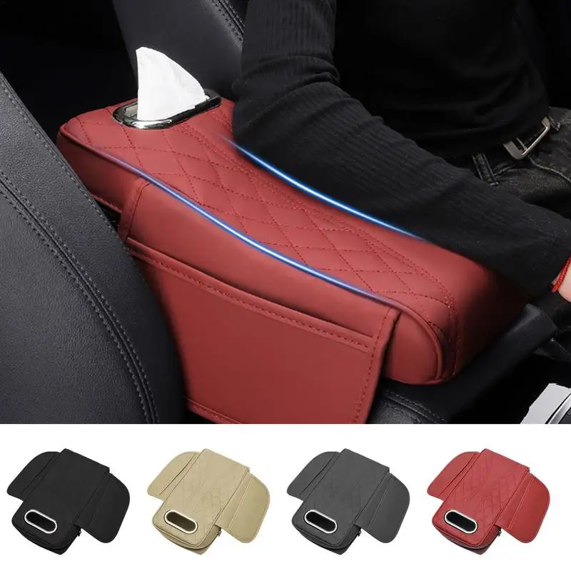 Car Armrest Cushion with Tissue Box – Memory Foam Support with Tissue Box & Storage Pockets