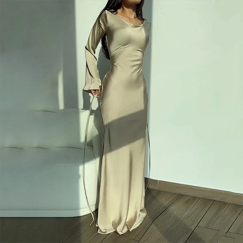 Satin Round Neck Long Lace-Up Evening Dress – Elegant Flare Sleeve High-Waist Party Gown for Glamorous Women