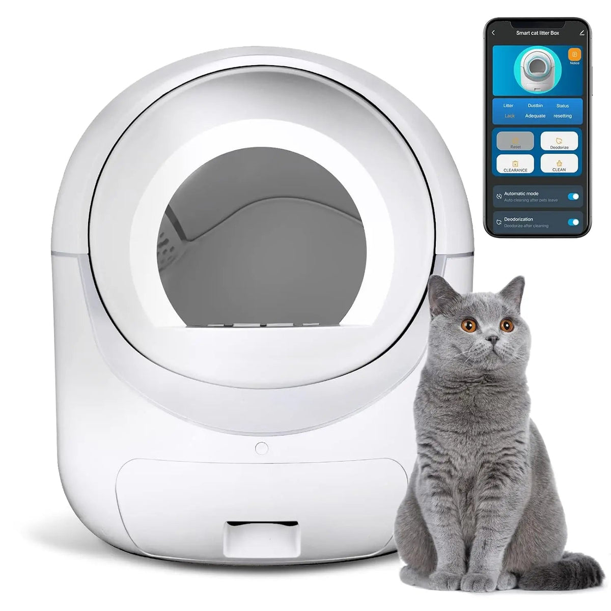 Automatic Cat Litter Box - Smart App Controlled Self Cleaning Litter Tray with Odor Removal and Safety Protection for Multiple Cats