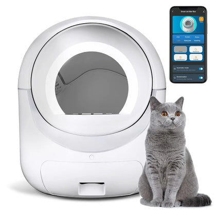 Automatic Cat Litter Box - Smart App Controlled Self Cleaning Litter Tray with Odor Removal and Safety Protection for Multiple Cats