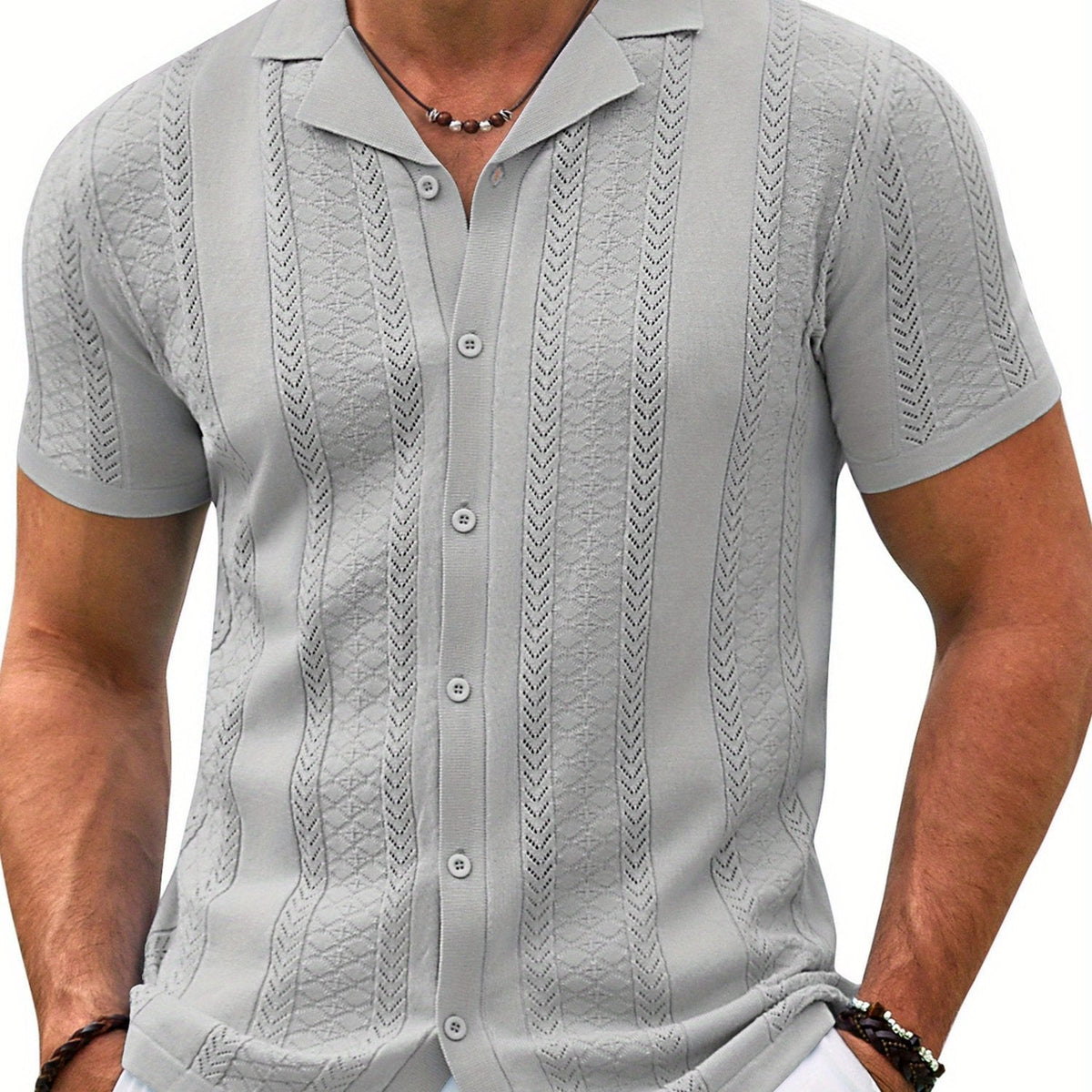 Men’s Vintage Colored Knit Shirt – Short Sleeve Button-Up Summer Top with Breathable Viscose Blend