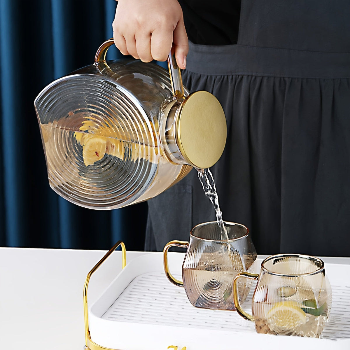 Glass Water Pitcher with Gold Lid - 77oz Elegant Carafe for Fridge, Tea, Juice, Iced Coffee & Party-Ready Drink Serving