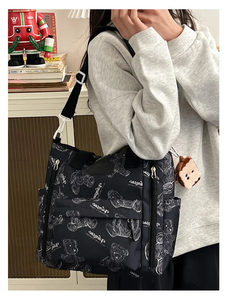 Bear Print Multi-Compartment Backpack Purse – Stylish & Spacious Nurse, Teacher & Laptop Bag