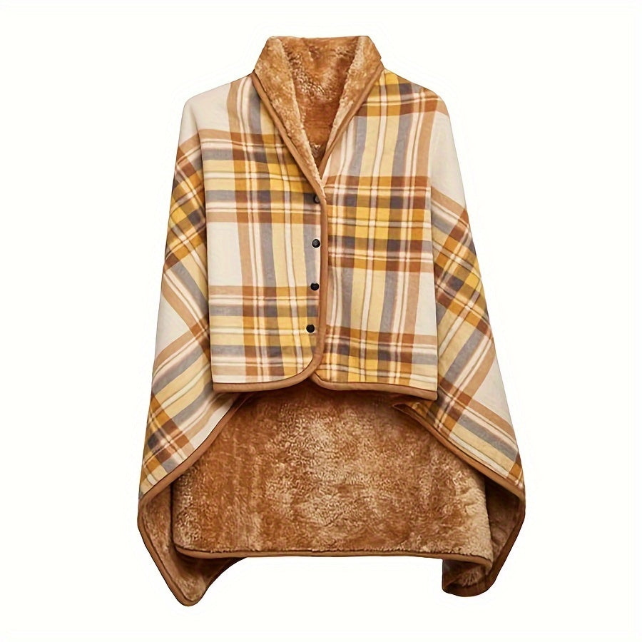 Reversible Plaid Wearable Shawl Blanket – Cozy Winter Throw with Button Closure for Home & Office Warmth
