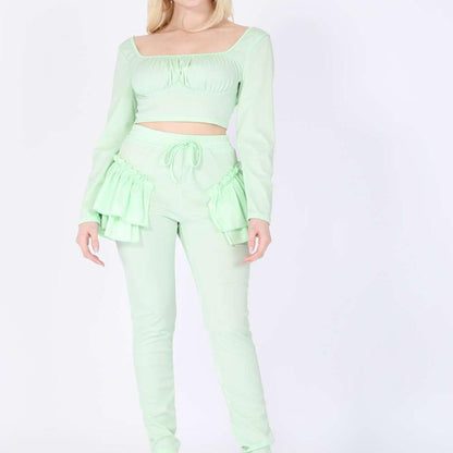 Ruched Crop Top and Ruffle Hem Pants Set – Flirty Women’s Two-Piece Outfit with Frill Details for Trendy Summer Fashion