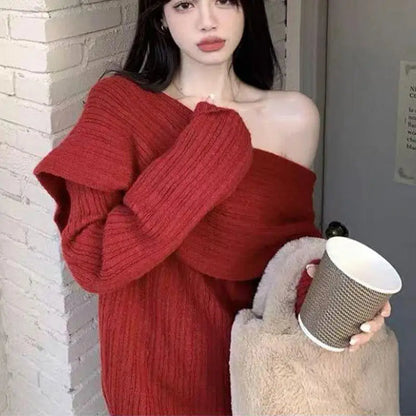 Off-Shoulder Knitted Sweater – Elegant Loose Pullover for Autumn/Winter Chic & Cozy Fashion
