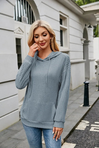 Hooded Groove Stripe Knitted Sweater – Cozy Women's Pullover with Kangaroo Pocket for Casual Winter Chic