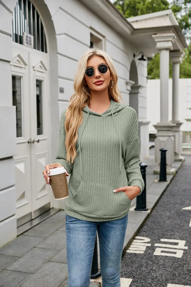 Hooded Groove Stripe Knitted Sweater – Cozy Women's Pullover with Kangaroo Pocket for Casual Winter Chic