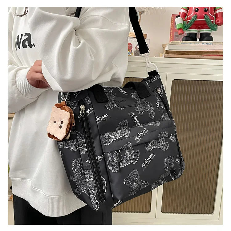 Bear Print Multi-Compartment Backpack Purse – Stylish & Spacious Nurse, Teacher & Laptop Bag