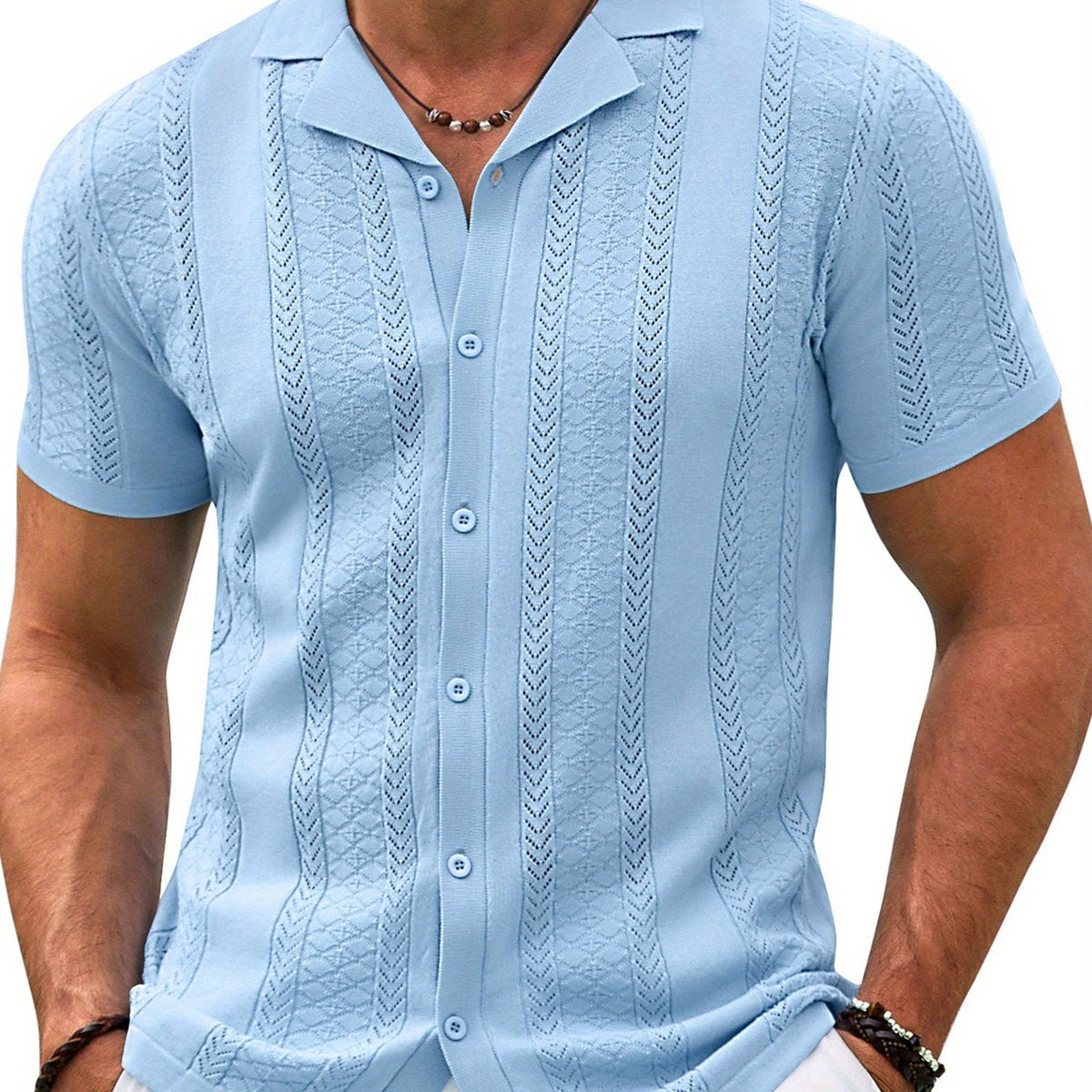 Men’s Vintage Colored Knit Shirt – Short Sleeve Button-Up Summer Top with Breathable Viscose Blend