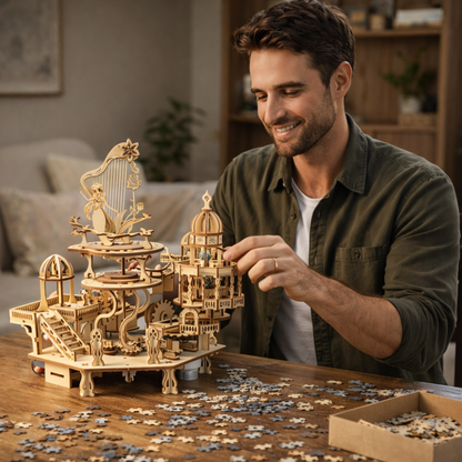Wooden Puzzle Mystery Island Music Box – DIY 3D Assembly Model Kit with Light for Adults and Kids, Romantic Gift Idea