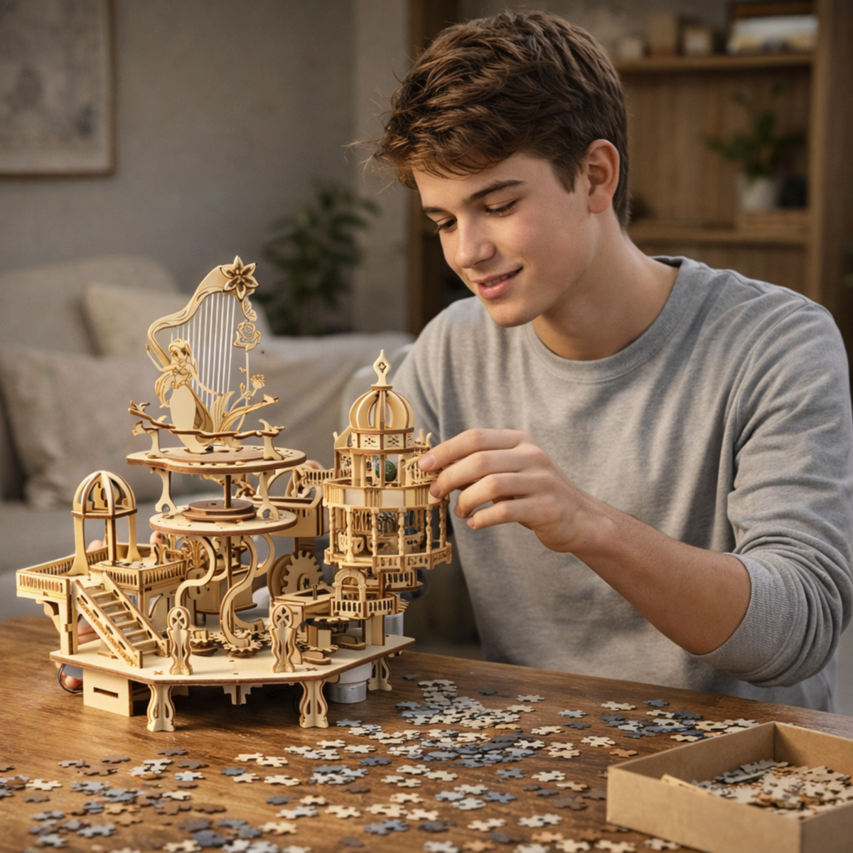 Wooden Puzzle Mystery Island Music Box – DIY 3D Assembly Model Kit with Light for Adults and Kids, Romantic Gift Idea